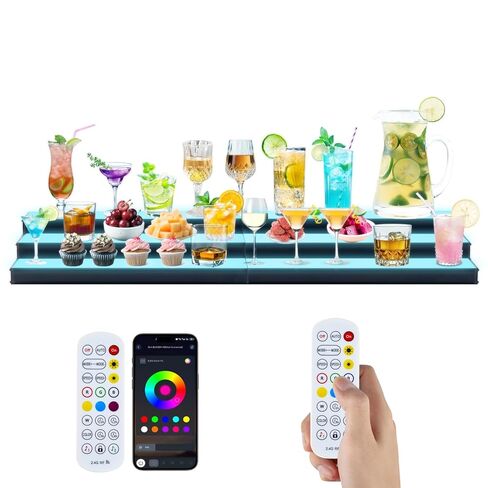 2 Pack Lighted Liquor Bottle Display Shelf – 16" 3-Tier LED Acrylic Bar Shelf with Remote & App Control, 10 Colors, Music Sync & 24H Timer, USB Powered for Home Bar & Party in Saudi Arabia