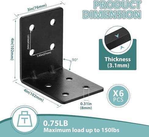 6 Pack Heavy Duty L Bracket Corner Brace 4x4x3IN, Thick Carbon Steel with Black Powder Coating, 8-Hole Universal Connector for Furniture/Shelf/Construction DIY Installation in Saudi Arabia