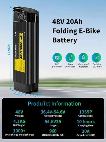 بطارية دراجة إلكترونية قابلة للطي بقدرة 48 فولت و20 أمبير في الساعة، حزمة واحدة من بطارية بديلة للدراجة الكهربائية بقدرة 48 فولت، شاحن سريع 2 أمبير، 30 أمبير BMS، قفل أمان (مخزون أمريكي) in Kuwait