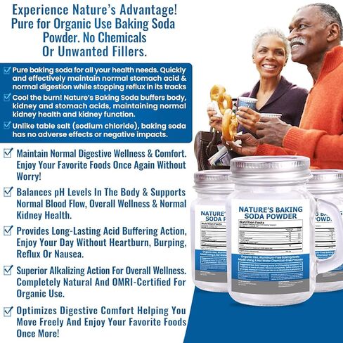 Organic Use Aluminum Free Baking Soda Bulk Supplement Powder in Mason Jar with Lid & Spoon - Food Grade & Organic Use Baking Soda for pH Balance, Kidney Health, Antacid & Detox Support - 16oz in Kuwait