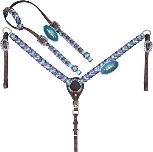 مجموعة من الجلد الغربي وطوق للصدر مع ضفائر ملتوية معدنية أرجوانية وزرقاء مخضرة، حجر الراين بيري كونكو، جلد البقر الأرجنتيني الأصلي in Kuwait