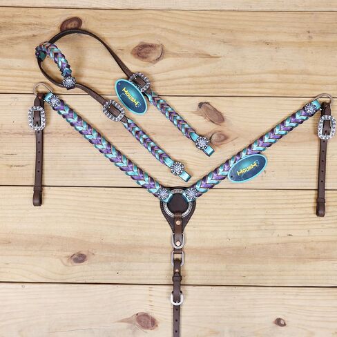 مجموعة من الجلد الغربي وطوق للصدر مع ضفائر ملتوية معدنية أرجوانية وزرقاء مخضرة، حجر الراين بيري كونكو، جلد البقر الأرجنتيني الأصلي in Kuwait