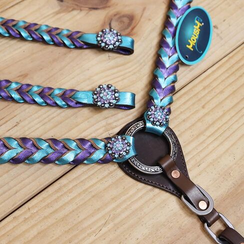 مجموعة من الجلد الغربي وطوق للصدر مع ضفائر ملتوية معدنية أرجوانية وزرقاء مخضرة، حجر الراين بيري كونكو، جلد البقر الأرجنتيني الأصلي in Kuwait