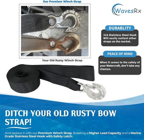 WavesRx Boat Trailer Premium Winch Strap 20' with Stainless Steel Hook + 2PK 48" Boat Trailer Transom Straps + Hitch Tightener (Value Bundle) Perfect for Boat, Pontoon & Jet Ski in Kuwait