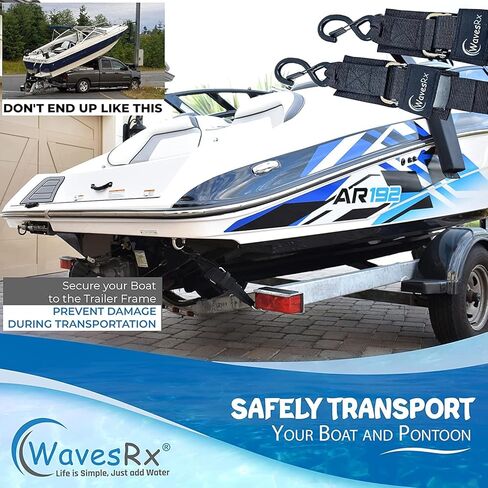 WavesRx Boat Trailer Premium Winch Strap 20' with Stainless Steel Hook + 2PK 48" Boat Trailer Transom Straps + Hitch Tightener (Value Bundle) Perfect for Boat, Pontoon & Jet Ski in Kuwait