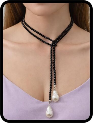 Green Beaded Lariat Necklace with Baroque Pearl Drops – Adjustable Wrap Y Style Jewelry, Beach and Bohemian Outfit Accessory for Women in Kuwait