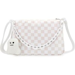 DOB SECHS Checkered Crossbody Bag for Women Nylon Cute Messenger Purse Hobo Bag Spacious Checkerboard Handbag Wallet Cross Body Belt Sling Bags for Travel with Ghost Pendent, Adjustable Strap, White in Kuwait