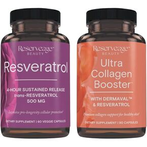 ريسيرفيج ريسفيراترول ومعزز الكولاجين الفائق - كبسولات ريسفيراترول والكولاجين لدعم الخلايا والبشرة - تتميز بديرمافال - 60 كبسولة ريسفيراترول، 90 كبسولة معززة فائقة الكولاجين in Kuwait
