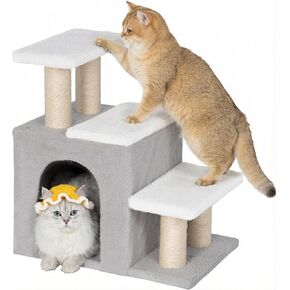 3-in-1 Pet Stairs for Cats, Dog Steps for Small Doggie, 6.29''Depth Cat Stairs, Indoor Cat Ladders for High Bed for Pet's Joints,Soft Plush, 1 Cat Condo Cave, Sisal Scratching Posts, Grey, Medium in Kuwait