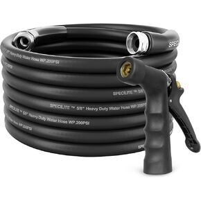 SPECILITE 5/8" Hot/Cold Garden Hose 50 ft with Industrial High Pressure Nozzle, Flexible & Lightweight, 600psi Burst Rubber Water hose -50℉-158℉ With 3/4"Stainless Steel Fittings for Yard, Black in Kuwait