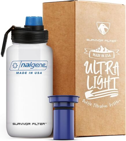 Survivor Filter Americana Ultra Light Filtered Water Bottle – 33.8 oz (1L) – Made in USA – Portable Water Bottle with Filter for Travel, Hiking, Gym & Everyday Use in Kuwait