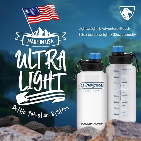 Survivor Filter Americana Ultra Light Filtered Water Bottle – 33.8 oz (1L) – Made in USA – Portable Water Bottle with Filter for Travel, Hiking, Gym & Everyday Use in Kuwait