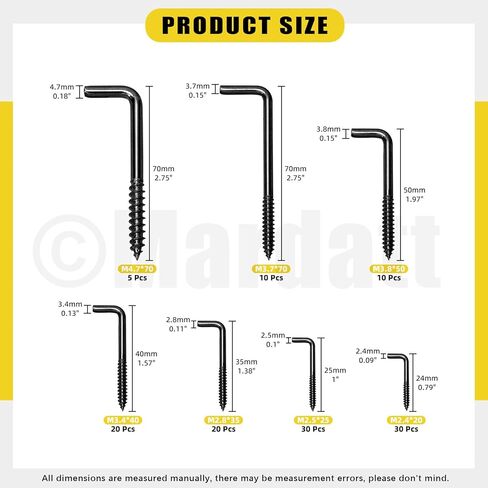 125Pcs 7 Sizes Screw-in Square Bend Hooks, Black Galvanized L Hooks Screw Kit Self Tapping Screw L Type Photo Frame Right Angle Hook for Hanging Heavy Duty Wall Mounting Hardware in Saudi Arabia