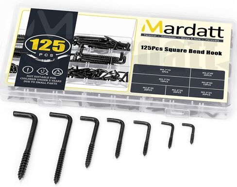 125Pcs 7 Sizes Screw-in Square Bend Hooks, Black Galvanized L Hooks Screw Kit Self Tapping Screw L Type Photo Frame Right Angle Hook for Hanging Heavy Duty Wall Mounting Hardware in Saudi Arabia