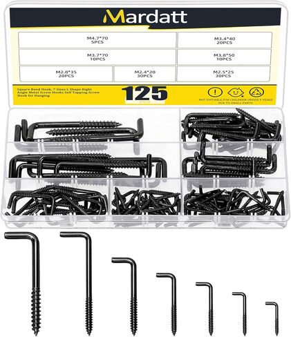 125Pcs 7 Sizes Screw-in Square Bend Hooks, Black Galvanized L Hooks Screw Kit Self Tapping Screw L Type Photo Frame Right Angle Hook for Hanging Heavy Duty Wall Mounting Hardware in Saudi Arabia