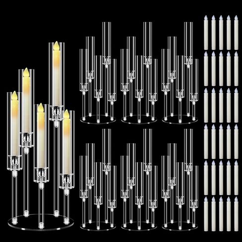 1 مجموعة 5 ذراع حامل شمعة أكريليك ، Mjkeomo 22 '' Candelabra مركزية للجداول حامل الشمعدانات واضحة مع جاذبية Housewarming موقد عشاء ديكور FIT 0.87 '' LED CANDLE in Kuwait