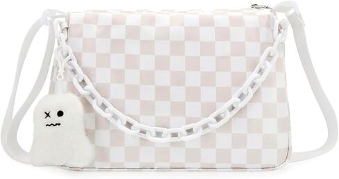 DOB SECHS Checkered Crossbody Bag for Women Nylon Cute Messenger Purse Hobo Bag Spacious Checkerboard Handbag Wallet Cross Body Belt Sling Bags for Travel with Ghost Pendent, Adjustable Strap, White in Kuwait