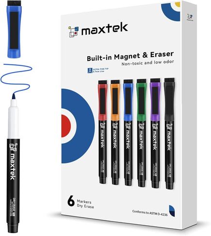 Maxtek Dry Erase Marks Tip Ultra Fine Tip ، علامات مغناطيسية مع ممحاة لتخطيط السبورة ، لوحات التقويم ، 12 لونًا ، رائحة منخفضة in Kuwait