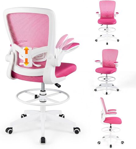 POWERSTONE Drafting Chair - Ergonomic Tall Office Chair for Standing Desk with 3IN Thick Cushion, Flip-up Arm, Adjustable Back Support & Footrest Workbench Rolling Stool Computer Chairs (Black 1 pcs) in Kuwait