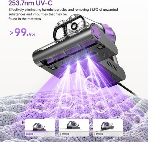 مكنسة كهربائية للمراتب، مكنسة كهربائية للسرير بقوة 18 كيلو باسكال مع ضوء 253.7 نانومتر للأشعة فوق البنفسجية، وحرارة 150 درجة فهرنهايت، وفلتر HEPA والموجات فوق الصوتية، مكانس محمولة متعددة الاستخدامات للسرير والأريكة والأريكة وأفكار هدايا الأطفال للنساء in Kuwait