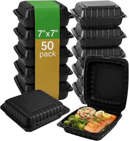 Front Lock MFPP Hinged Container, Black Vented 7" x 7" – 1 CompartmentClamshell Disposable Takeout Boxes, Durable Microwaveable To-Go Containers for Restaurant & Food Service, – 50 Pack in Saudi Arabia