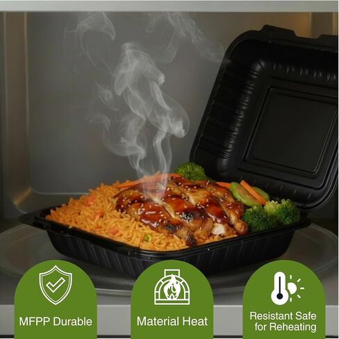 Front Lock MFPP Hinged Container, Black Vented 7" x 7" – 1 CompartmentClamshell Disposable Takeout Boxes, Durable Microwaveable To-Go Containers for Restaurant & Food Service, – 50 Pack in Saudi Arabia