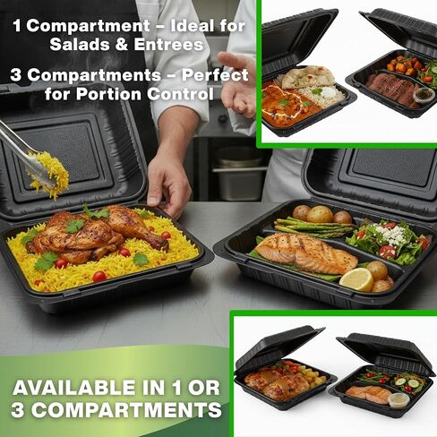Front Lock MFPP Hinged Container, Black Vented 7" x 7" – 1 CompartmentClamshell Disposable Takeout Boxes, Durable Microwaveable To-Go Containers for Restaurant & Food Service, – 50 Pack in Saudi Arabia