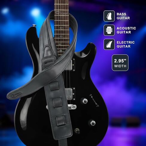 حزام جيتار جلدي من RAUYIVANY، بعرض 2.95 بوصة، وطول قابل للتعديل 53.94-59.06 بوصة، أسود، متوافق مع الجيتار الكهربائي والصوتي in Kuwait