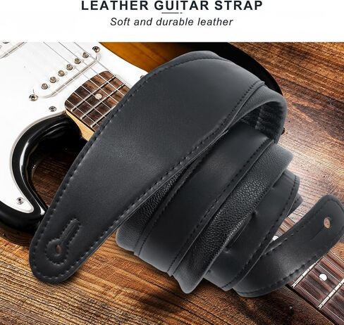حزام جيتار جلدي من RAUYIVANY، بعرض 2.95 بوصة، وطول قابل للتعديل 53.94-59.06 بوصة، أسود، متوافق مع الجيتار الكهربائي والصوتي in Kuwait