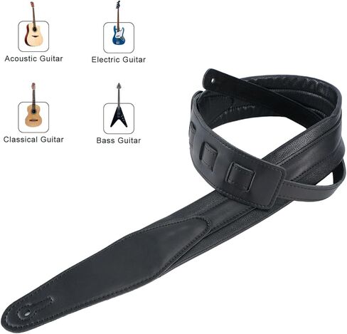 حزام جيتار جلدي من RAUYIVANY، بعرض 2.95 بوصة، وطول قابل للتعديل 53.94-59.06 بوصة، أسود، متوافق مع الجيتار الكهربائي والصوتي in Kuwait