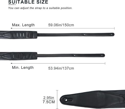 حزام جيتار جلدي من RAUYIVANY، بعرض 2.95 بوصة، وطول قابل للتعديل 53.94-59.06 بوصة، أسود، متوافق مع الجيتار الكهربائي والصوتي in Kuwait