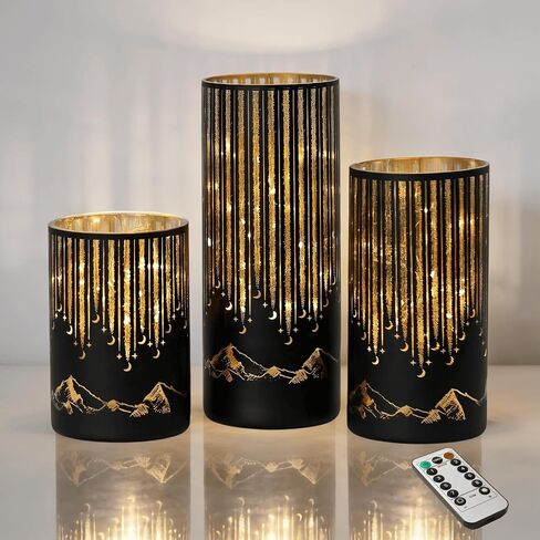 Set of 3 Illuminated Starry Night Hurricanes with Remote Timer, Glass Votive Pillar Candle Holders, Removable LED String Lights Candles for Centerpiece Table Halloween Christmas Decor(Black) in Saudi Arabia