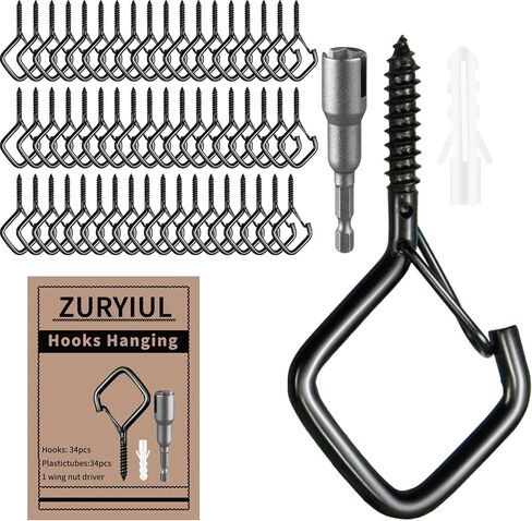 Heavy Duty Screw In Hooks with Safety Buckle, 2.2 IN Black Ceiling Hooks for Hanging Plants & Outdoor String Lights, Windproof Eye Hooks for Christmas Lights, Cups, Bird Feeders (Black, 34Pcs) in Saudi Arabia