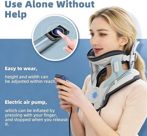 جهاز جر الرقبة لتخفيف الألم، جهاز جر عنق الرحم مع مضخة هواء كهربائية، ممتد للرقبة قابل للتعديل للاستخدام المنزلي، خفيف الوزن ومحمول لدعم الرقبة للرجال والنساء (أزرق) in Kuwait