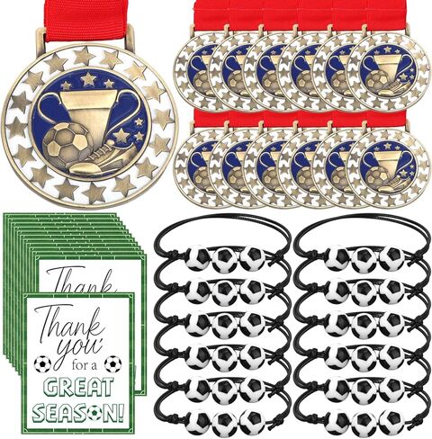 12 Pcs Soccer Medals with 12 Pcs Sports Bracelets Achievement Award Certificates Soccer Awards with Red White Blue Striped Ribbon for Sports Competitions Celebration Gift Trophy Prize in Saudi Arabia