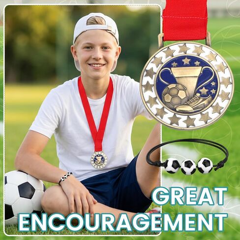 12 Pcs Soccer Medals with 12 Pcs Sports Bracelets Achievement Award Certificates Soccer Awards with Red White Blue Striped Ribbon for Sports Competitions Celebration Gift Trophy Prize in Saudi Arabia