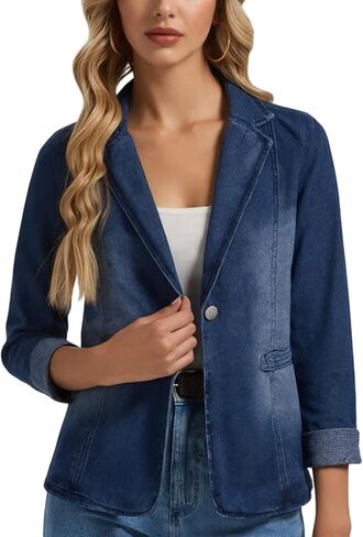 Womens Denim Jackets Long Sleeve Lapel Button Slim Office Pocket Washed Business Jean Jacket in Kuwait