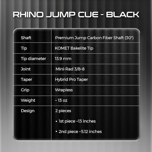RHINO Carbon Fiber Jump Cue, 3-Piece Billiard Jump Stick, 13.9mm Bakelite Tip, 3/8-8 Stainless Steel, Professional Jumping Performance in Saudi Arabia