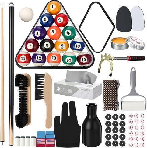 Vinsot 100 Pieces Pool Table Accessories, 16 Billiard Balls, 2 Sets of Pool Cues, Triangular Diamond Ball Rack, Cue Chalk, Cue Heads and Ball Brush Set and Other Billiard Accessories in Saudi Arabia