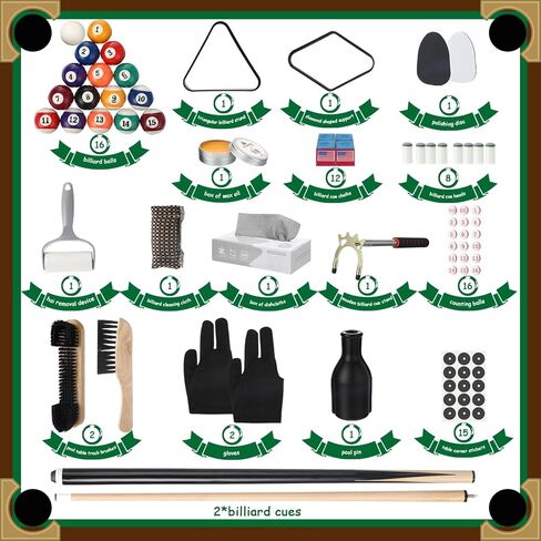 Vinsot 100 Pieces Pool Table Accessories, 16 Billiard Balls, 2 Sets of Pool Cues, Triangular Diamond Ball Rack, Cue Chalk, Cue Heads and Ball Brush Set and Other Billiard Accessories in Saudi Arabia