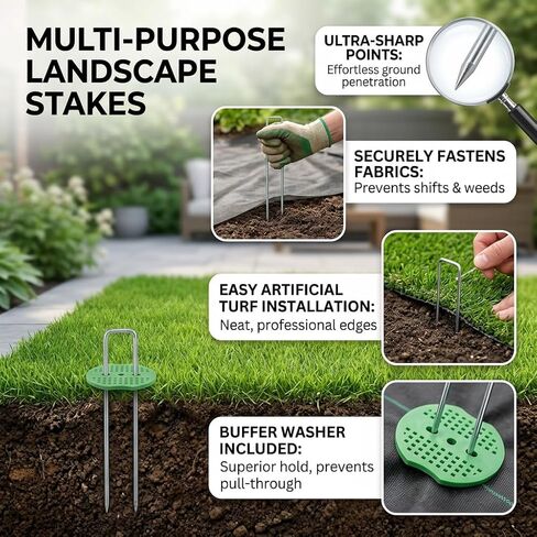 100 Pack 6 Inch Heavy Duty Galvanized Landscape Staples with 100 Buffer Washers U Shaped Garden Sod Pins for Weed Barrier Fabric Artificial Turf Ground Cover and Landscape Projects in Saudi Arabia