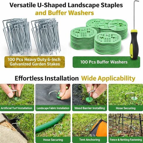 100 Pack 6 Inch Heavy Duty Galvanized Landscape Staples with 100 Buffer Washers U Shaped Garden Sod Pins for Weed Barrier Fabric Artificial Turf Ground Cover and Landscape Projects in Saudi Arabia