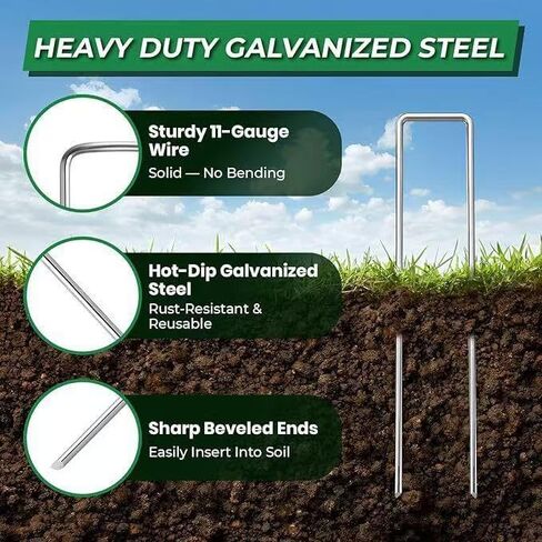 100 Pack 6 Inch Heavy Duty Galvanized Landscape Staples with 100 Buffer Washers U Shaped Garden Sod Pins for Weed Barrier Fabric Artificial Turf Ground Cover and Landscape Projects in Saudi Arabia