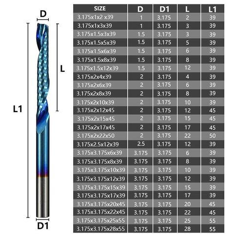 1 قطعة فلوت مفرد O فلوت مطحنة نهاية حلزونية 3.175 مم عرقوب مطحنة نهاية فلوت واحدة نانو أزرق مطلي CNC راوتر بت لولبية طحن لقمة طحن حلزونية للألمنيوم والأكريليك PVC MDF البلاستيك in Kuwait