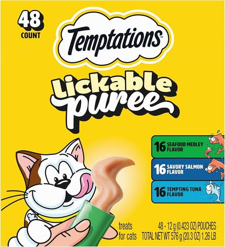 Temptations Creamy Puree Mix-Ups Squeezable Lickable Wet Cat Treats Tuna Flavor, Salmon Flavor, and Seafood Medley Flavor, 0.42 oz. Tubes, 48 Count in Saudi Arabia