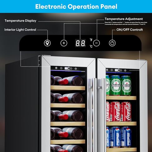 ثلاجة النبيذ والمشروبات من تابو، مبرد النبيذ ثنائي المنطقة مقاس 24 بوصة مع باب زجاجي وقفل، ثلاجة مشروبات مدمجة أو قائمة بذاتها تحتوي على 21 زجاجة و88 علبة in Kuwait