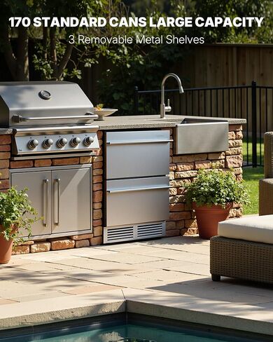 ثلاجة Upstreman خارجية مقاس 24 بوصة، ثلاجة 170 علبة تحت المنضدة مع باب من الفولاذ المقاوم للصدأ، مقاومة للطقس، إضاءة LED، ثلاجة مشروبات للمنزل أو الفناء أو الاستخدام التجاري-BR50 in Kuwait