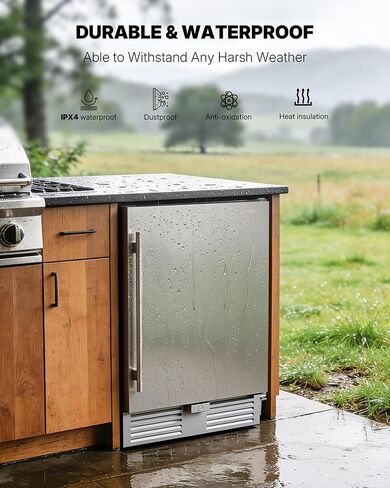 ثلاجة Upstreman خارجية مقاس 24 بوصة، ثلاجة 170 علبة تحت المنضدة مع باب من الفولاذ المقاوم للصدأ، مقاومة للطقس، إضاءة LED، ثلاجة مشروبات للمنزل أو الفناء أو الاستخدام التجاري-BR50 in Kuwait