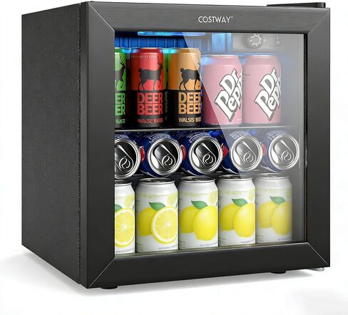 COSTWAY Beverage Refrigerator Cooler, 1.3 Cu. Ft. 12 Bottles 55 Cans Mini Fridge with Tempered Glass Door, Removable Shelf & Adjustable Temperatures, Compact Drink Cooler for Wine, Beer & Soda in Saudi Arabia