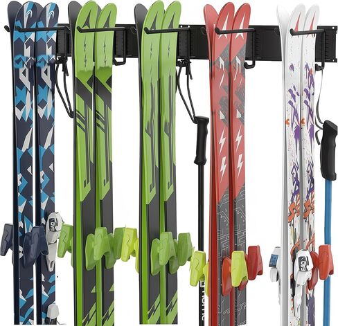 رف تزلج مقاس 32 بوصة، مخزن تزلج مثبت على الحائط لنظام تنظيم ألواح التزلج على الجليد في المرآب، 10 أزواج من شماعات حامل الزلاجات لسقيفة المنزل، يحمل ما يصل إلى 300 رطل in Kuwait